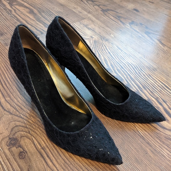 Nine West Shiny Black Lace Stilettos Heels - Picture 1 of 5
